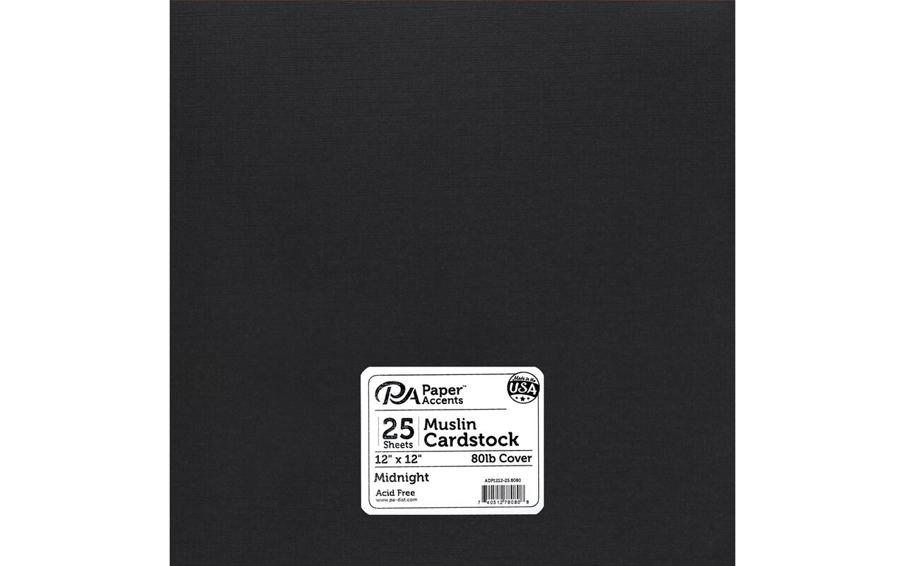 PA Paper Accents Muslin Cardstock 12" x 12" Midnight, 80lb colored cardstock paper for card making, scrapbooking, printing, quilling and crafts, 25 piece pack